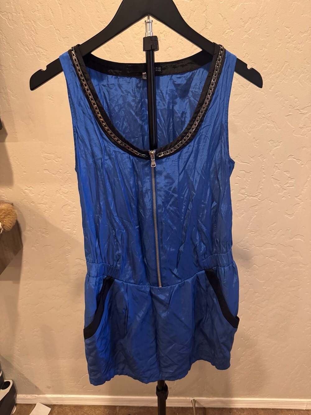 Plastic Island Sleeveless Zip-Front Mini Dress with Chain Detail